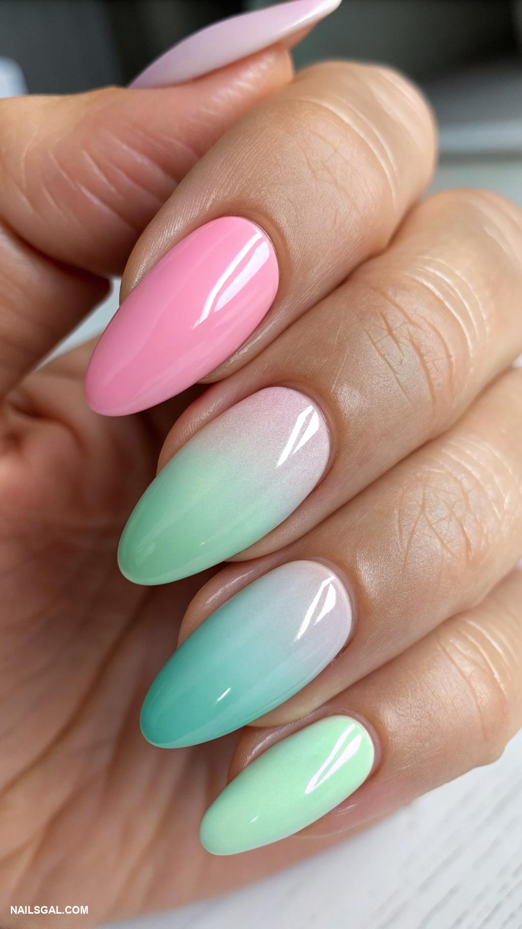 neutral acrylic nails Pastel ombre with a glossy finish