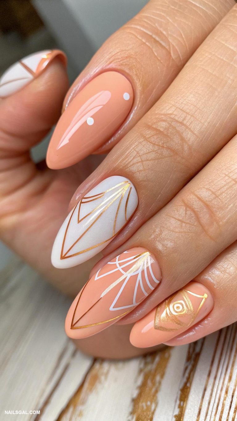 neutral acrylic nails Peach nails with abstract shapes