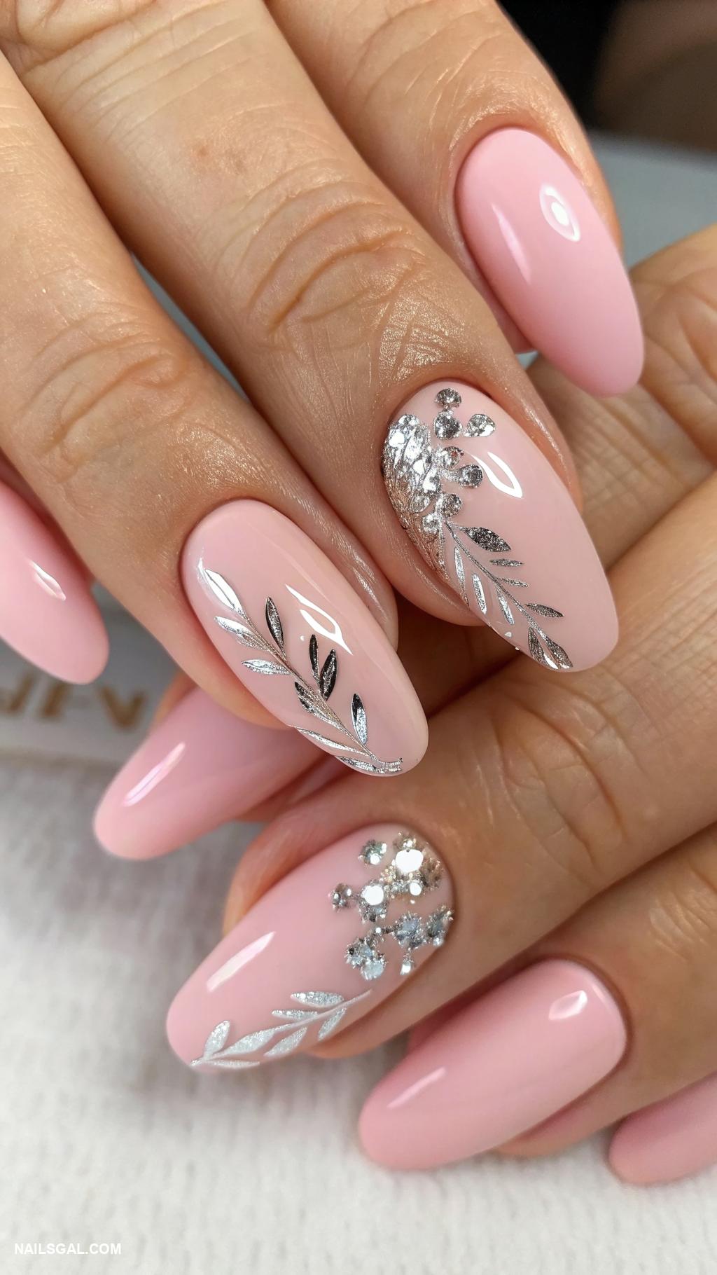 neutral acrylic nails Soft pink with silver foil details