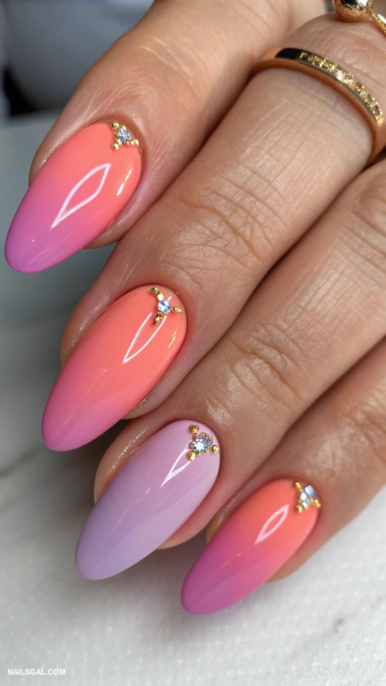 pink ombre nails Coral pink to soft lavender ombre