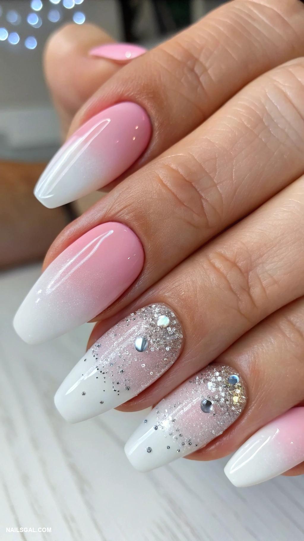 pink ombre nails Ice pink ombre with silver sparkles