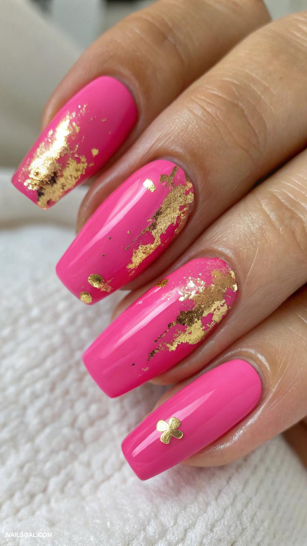 pink prom nails Bold hot pink with gold foil details