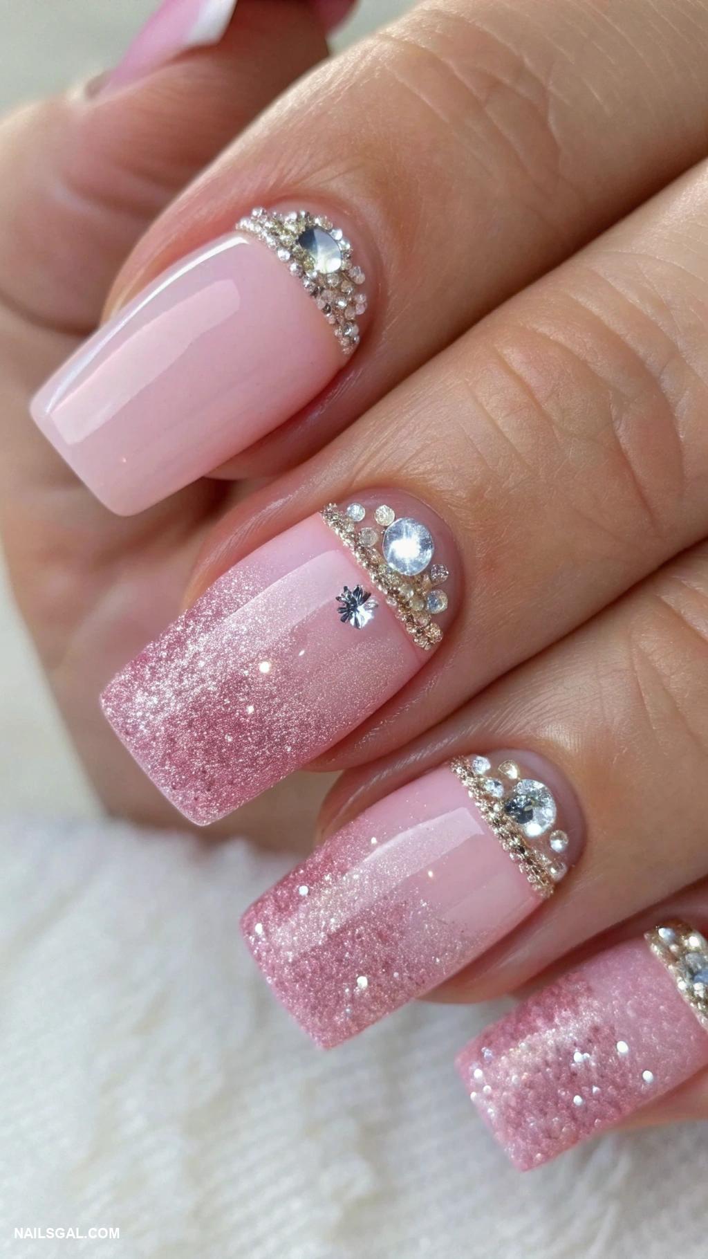 pink prom nails Glittery pink French tips with rhinestones