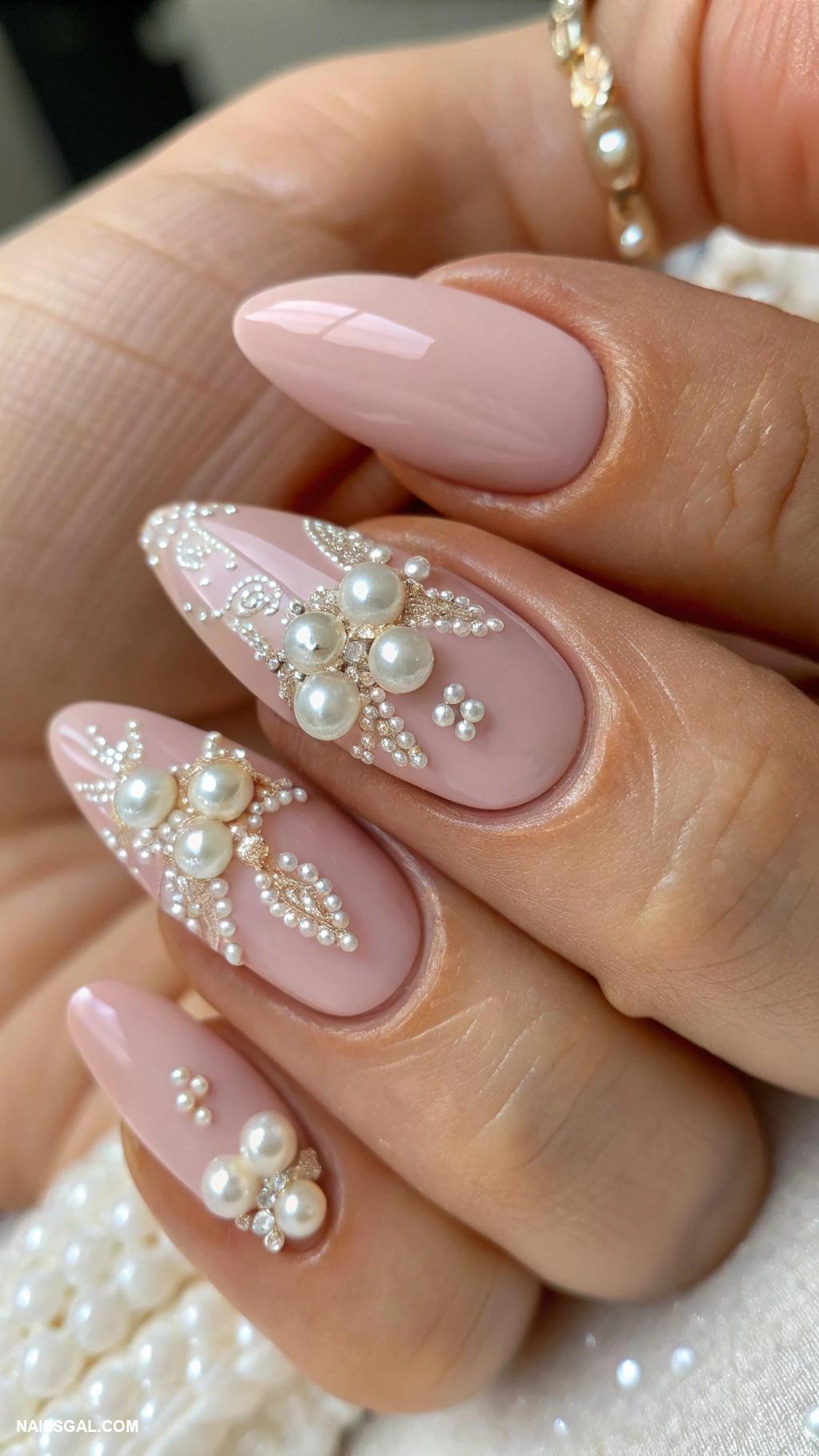 pink prom nails Light pink with pearl embellishments