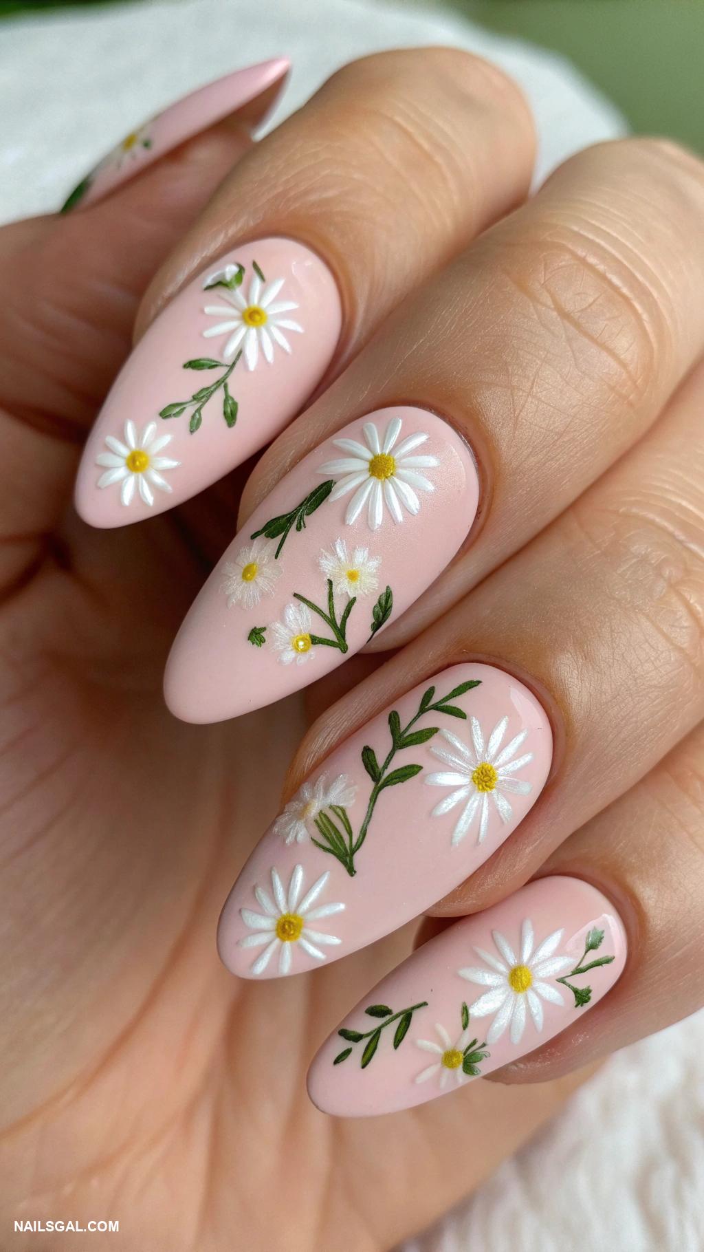 pink prom nails Matte pastel pink with floral accents