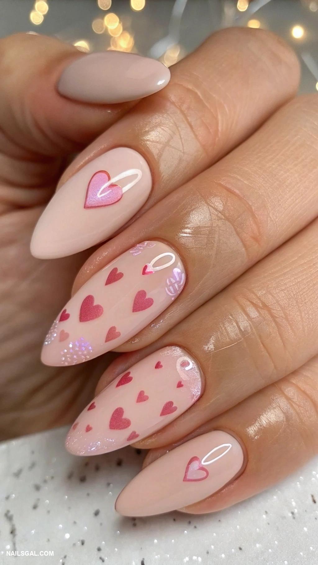 pink prom nails Nude pink base with pink heart designs