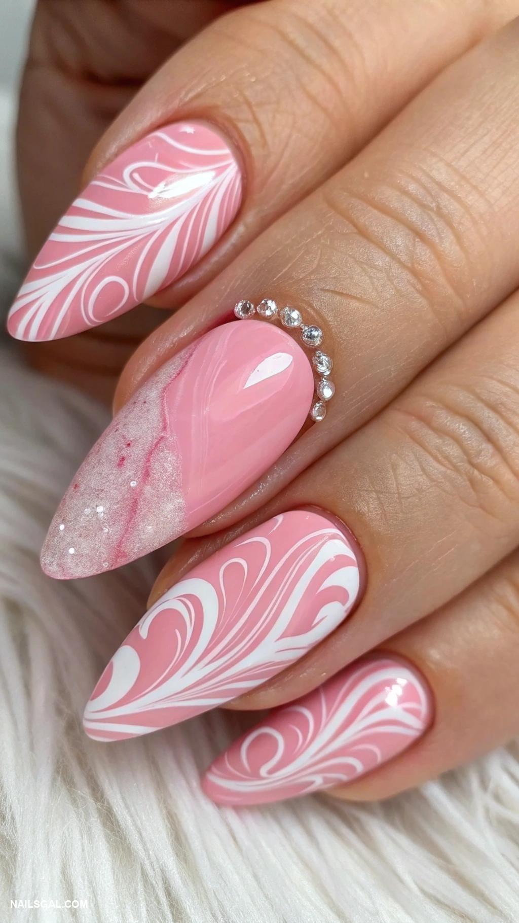 pink prom nails Pink marble effect with white hints