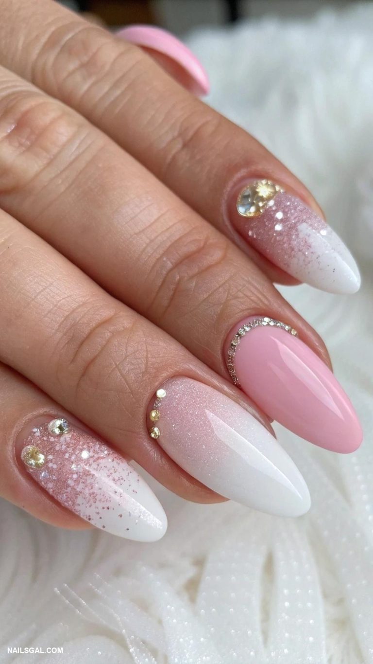 pink prom nails Soft ombre pink with glitter tips