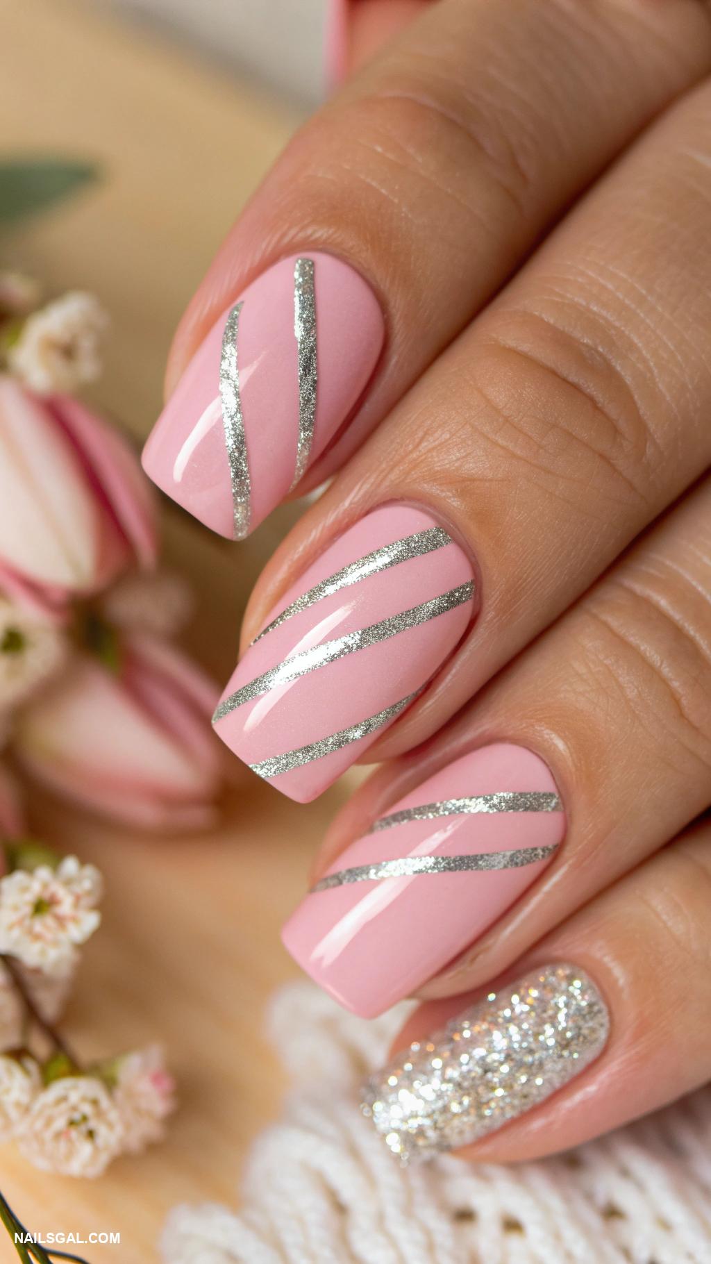 pink prom nails Sweet pink with stripes of silver shimmer