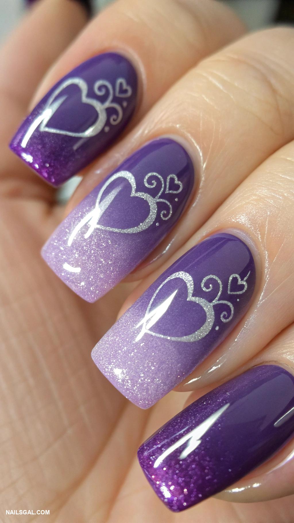 purple ombre nails Heart shapes in contrasting ombre colors