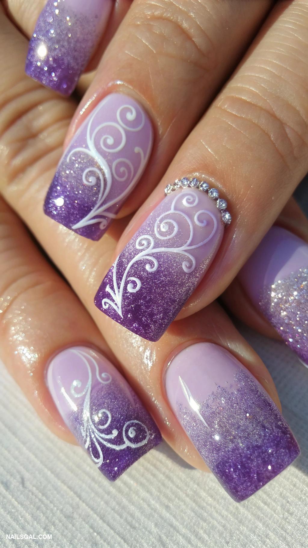 purple ombre nails Whimsical swirl effect with glitter
