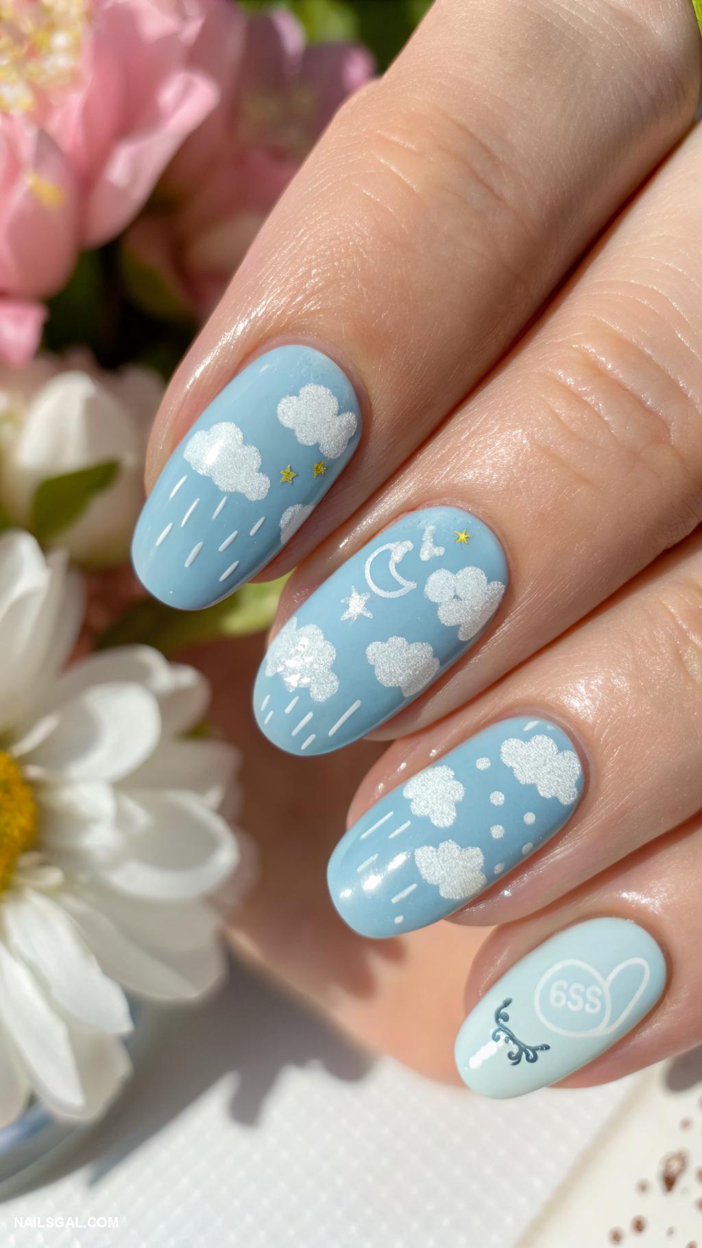 spring nail designs Baby blue with cloud patterns