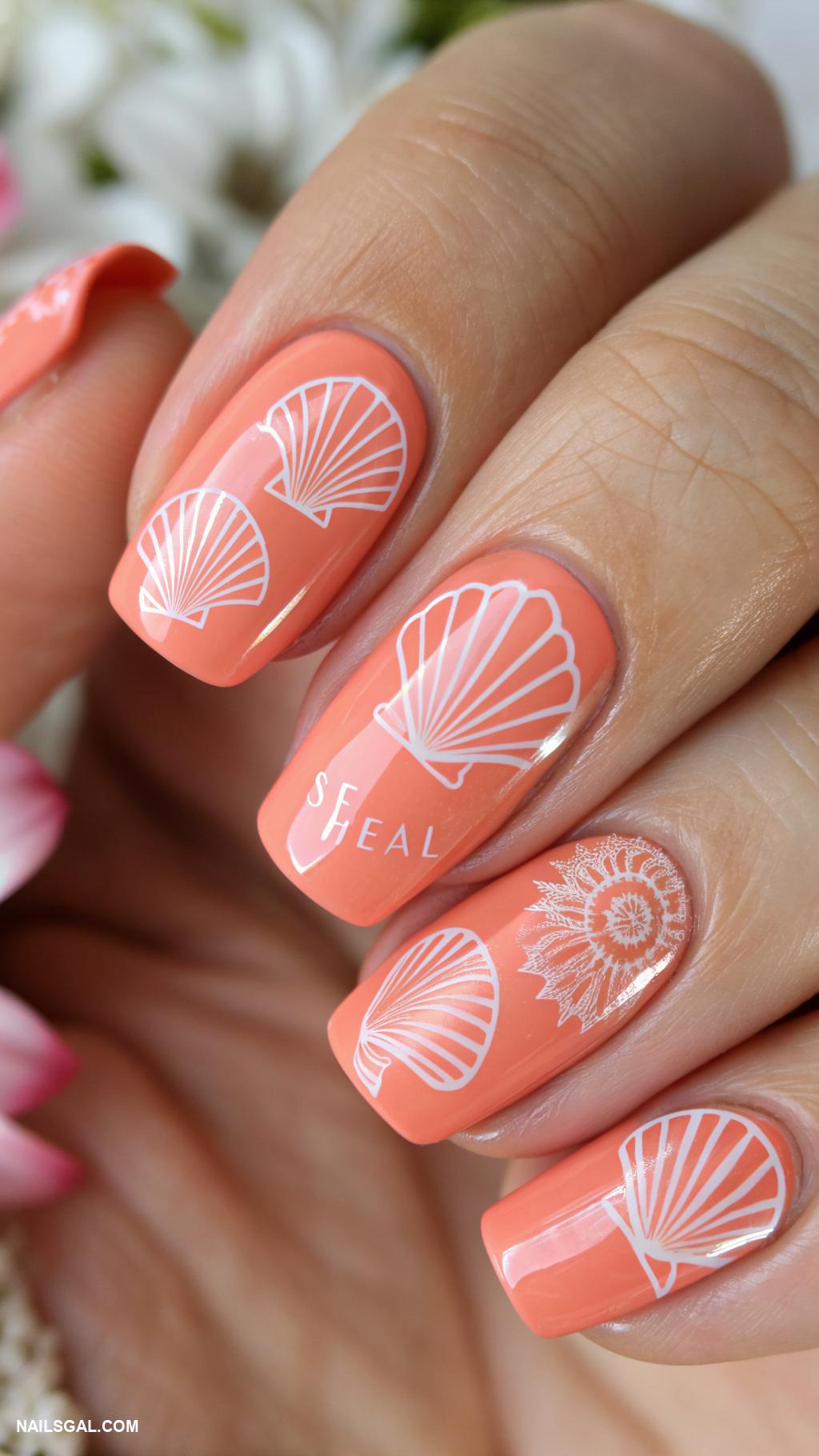 spring nail designs Coral nails with seashell decals