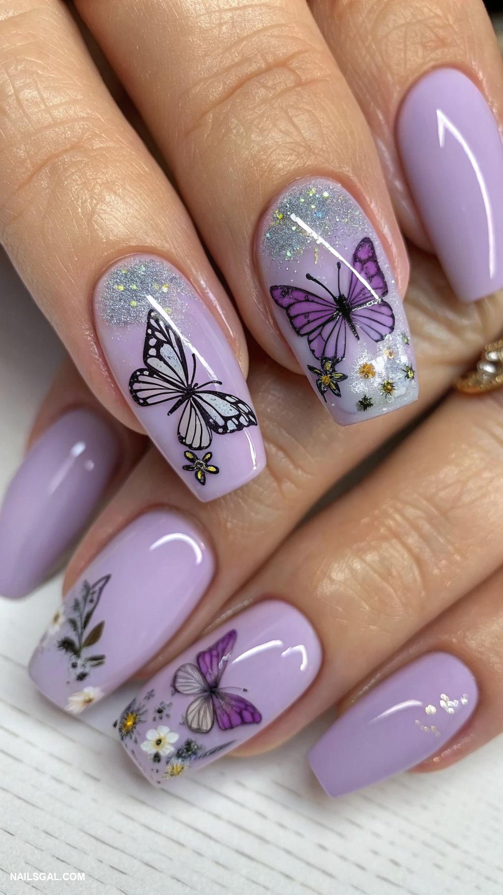 spring nail designs Lavender with butterfly nail art