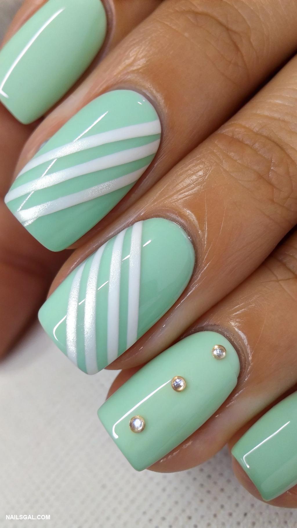 spring nail designs Mint green base with white stripes