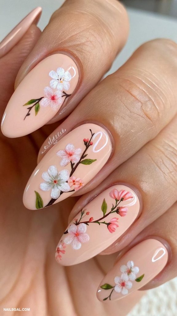 spring nail designs Peach nails with cherry blossoms