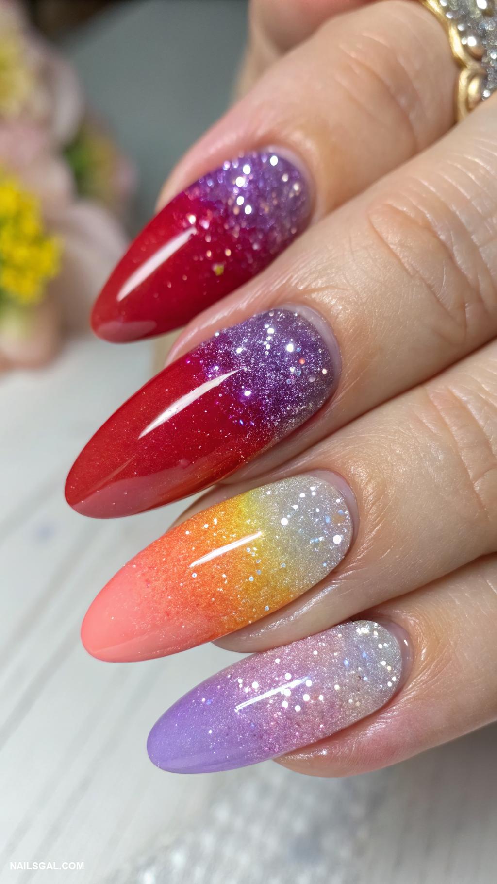 spring nail designs Rainbow gradient with glitter finish