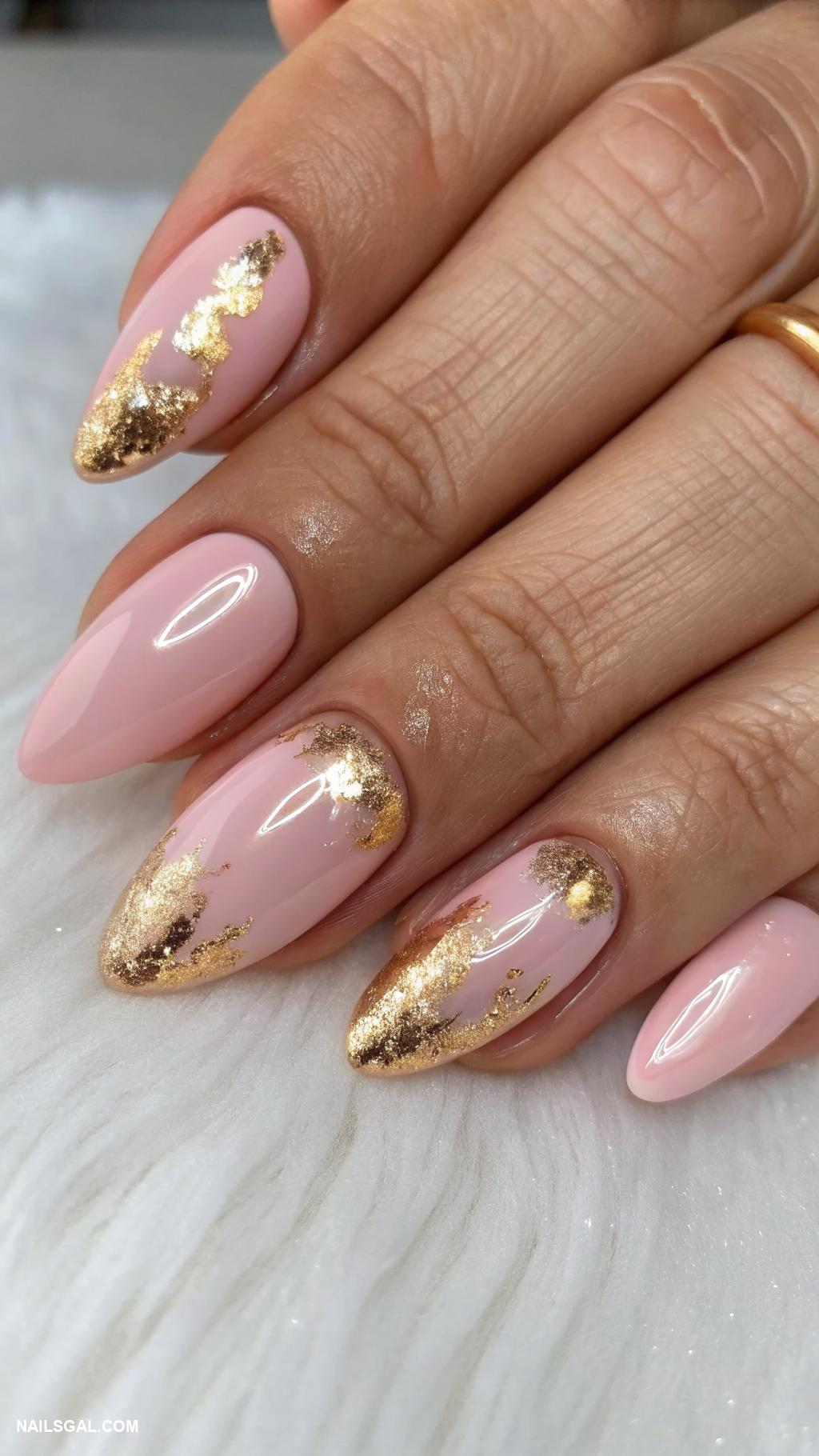 spring nail designs Soft pink with gold foil tips