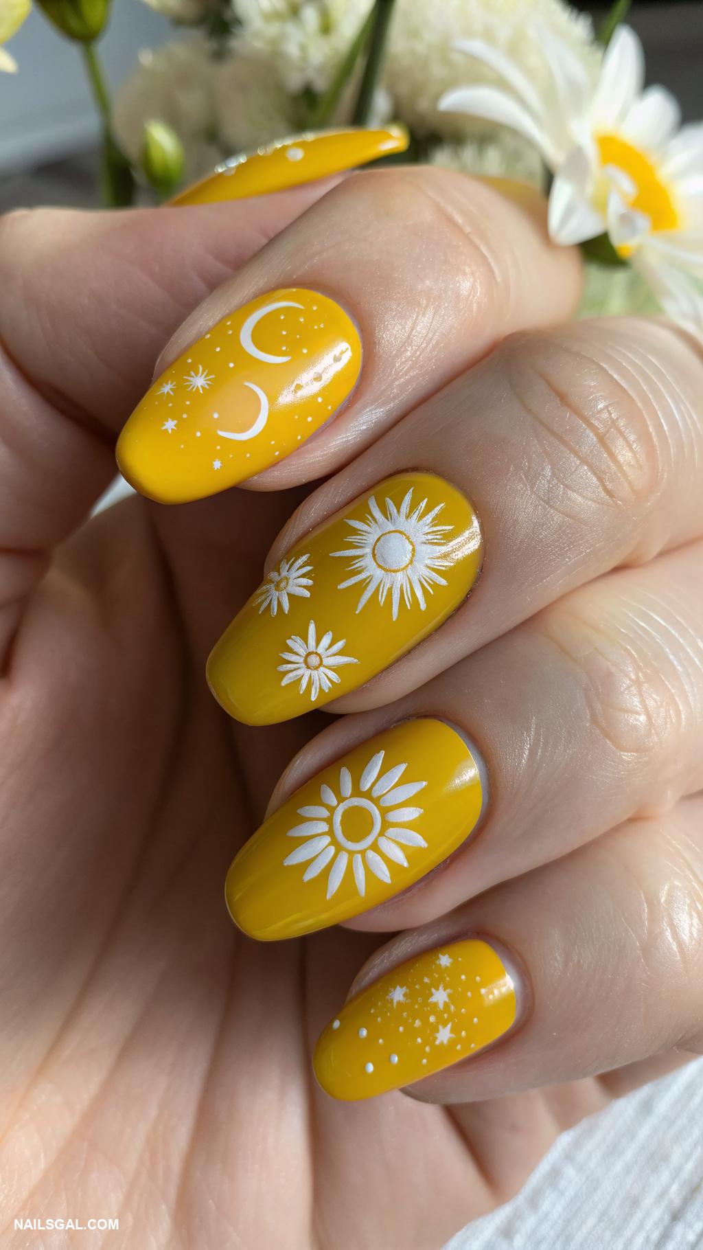 spring nail designs Sunshine yellow with mini sun designs