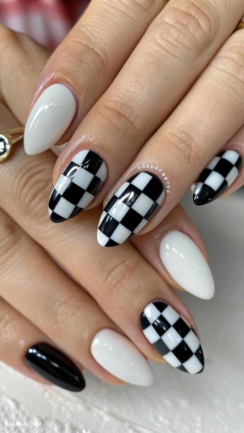 checkered nails Black and white classic checkered pattern