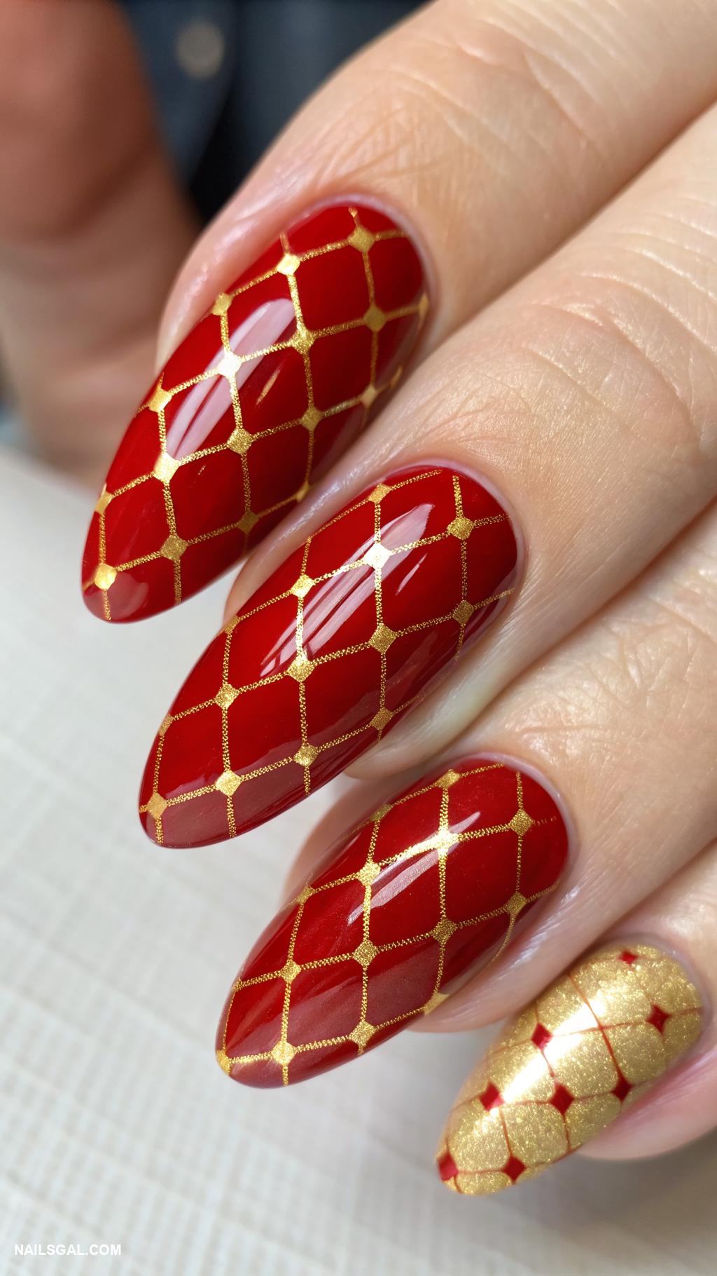 checkered nails Bold red and gold checkered design