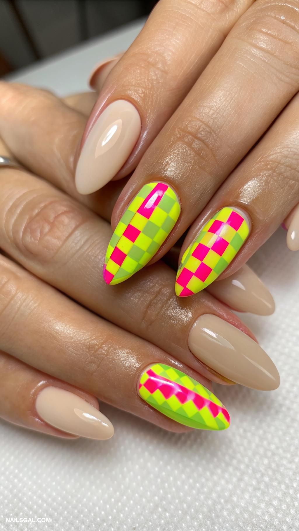 checkered nails Neon checkered tips on nude base