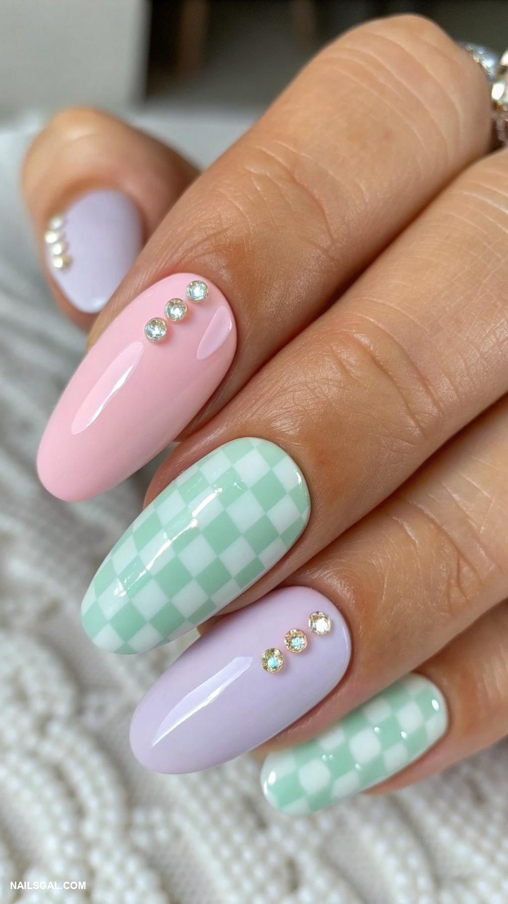 checkered nails Pastel colors with tiny checkered accents