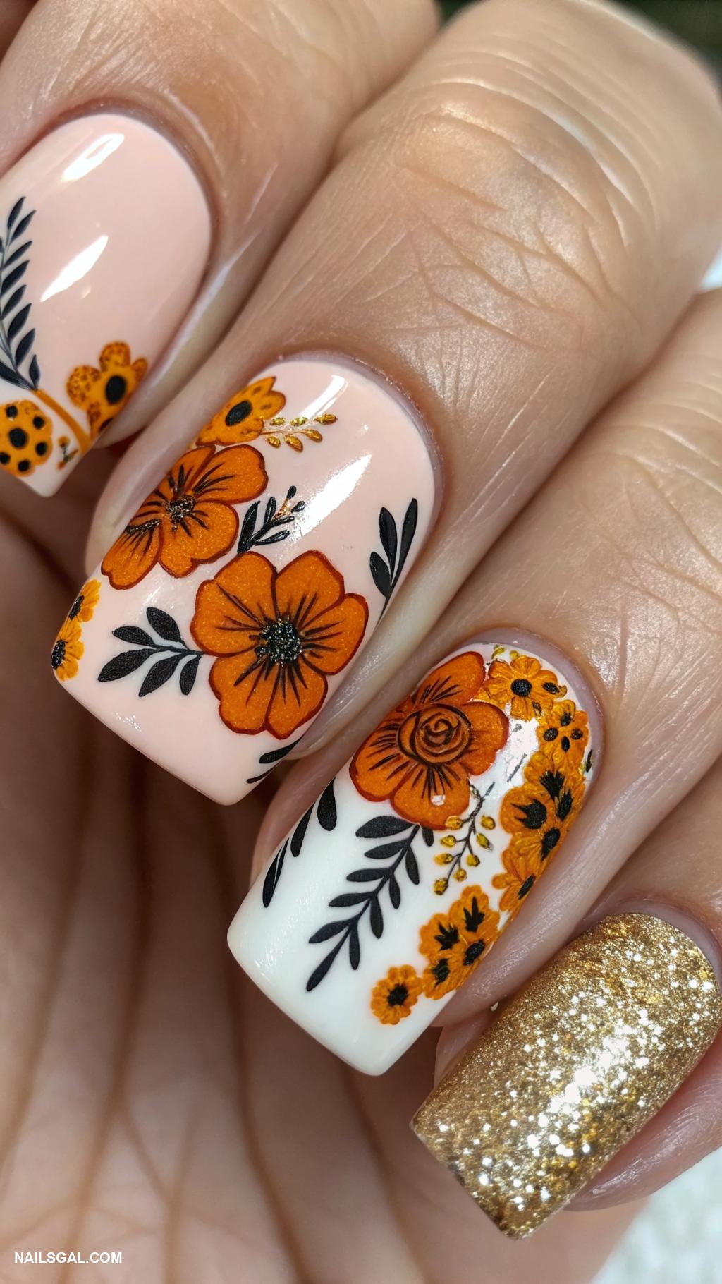 mexican nails Marigold flowers for Day of the Dead