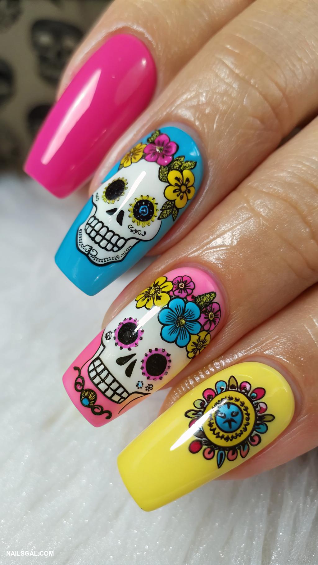 mexican nails Skulls with colorful accents