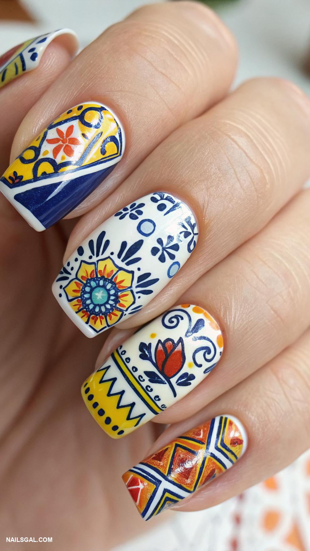 mexican nails Talavera tile inspired patterns